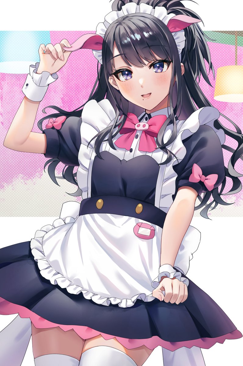 8n0_g akiba_maid_sensou alternate_costume apron apron_tug bangs black_hair black_shirt black_skirt blush bow bowtie buttons commentary cosplay cowboy_shot enmaided flat_chest frilled_apron frills half_updo hand_up highres idolmaster idolmaster_shiny_colors kazano_hiori layered_skirt long_hair looking_at_viewer maid maid_apron maid_headdress mole mole_under_mouth parted_lips pink_bow pink_bowtie puffy_short_sleeves puffy_sleeves shirt short_sleeves sidelocks simple_background skirt thigh-highs thighs violet_eyes white_apron white_background white_thighhighs wrist_cuffs zettai_ryouiki