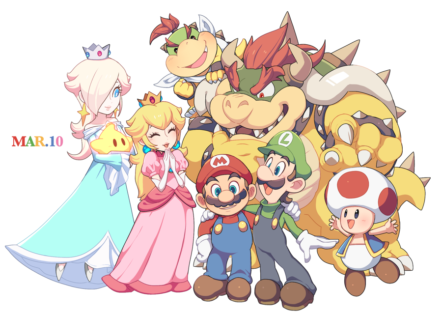 2girls 5boys ^_^ aqua_dress arm_around_shoulder armlet arms_up bandana bangs bare_shoulders blonde_hair blue_eyes blue_pants blue_vest blush bowser bowser_jr. bracelet bright_pupils brown_footwear brown_hair buttons claws closed_eyes closed_mouth collar crown dress earrings eyelashes facial_hair fang floating frilled_sleeves frills full_body gem gloves green_headwear green_shirt hair_over_one_eye hands_up happy hat horns hoshikuzu_pan jewelry jumping long_hair long_sleeves looking_at_another looking_at_viewer looking_down luigi luma_(mario) mario mario_day multiple_boys multiple_girls mustache off-shoulder_dress off_shoulder one_eye_covered open_clothes open_mouth open_vest overalls pants parted_bangs parted_lips pink_dress princess_peach puffy_short_sleeves puffy_sleeves red_eyes red_headwear red_shirt redhead rosalina sharp_teeth shell shirt shoes short_hair short_sleeves simple_background smile sphere_earrings spiked_armlet spiked_bracelet spiked_collar spiked_shell spiked_tail spikes standing star_(symbol) star_earrings super_mario_bros. swept_bangs tail teeth toad_(mario) turtle_shell v-shaped_eyebrows vest white_background white_bandana white_gloves white_pupils wide_sleeves