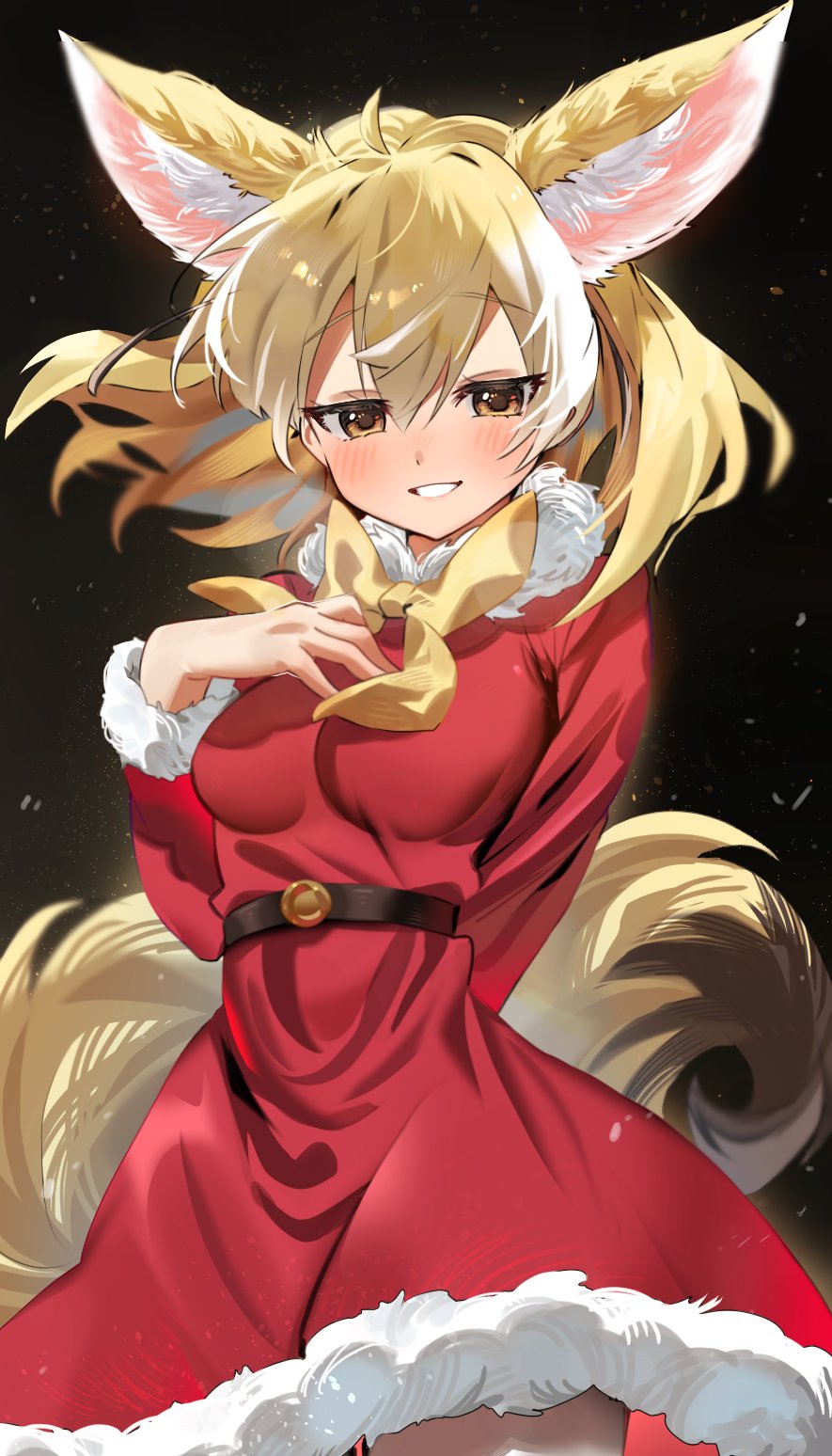 1girl animal_ear_fluff animal_ears arm_behind_back bangs belt black_background blush bow bowtie breasts brown_eyes commentary cowboy_shot dress extra_ears fennec_(kemono_friends) fox_ears fox_girl fox_tail fur-trimmed_dress fur_collar fur_trim hair_between_eyes hakoneko_(marisa19899200) hand_on_own_chest highres kemono_friends long_sleeves looking_at_viewer medium_breasts medium_hair multicolored_hair pantyhose parted_lips santa_dress simple_background smile snowing solo tail white_hair yellow_bow yellow_bowtie