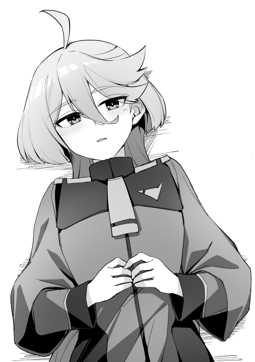 1girl ahoge bangs blush commentary_request flat_chest from_above greyscale gundam gundam_suisei_no_majo hair_between_eyes half-closed_eyes hands_up highres jacket layered_sleeves light_blush liyoosa long_hair long_sleeves looking_at_viewer lying miorine_rembran monochrome necktie on_back open_mouth own_hands_together partial_commentary shiny shiny_hair shirt sidelocks simple_background solo upper_body white_background