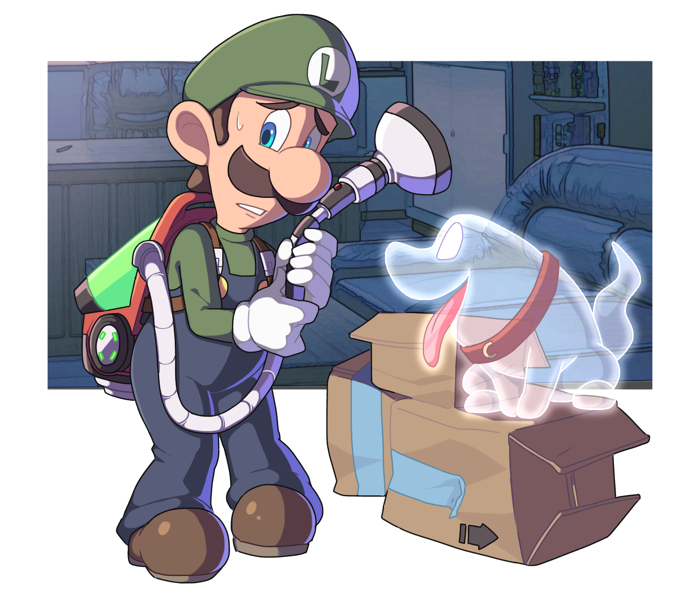 1boy arrow_(symbol) blue_eyes blue_pants bookshelf box brown_footwear brown_hair buttons cardboard_box couch desk dog facial_hair full_body ghost gloves green_shirt hands_up hoshikuzu_pan long_sleeves looking_at_viewer luigi luigi's_mansion luigi's_mansion_3 male_focus mustache open_mouth overalls pants parted_lips poltergust_g-00 polterpup raised_eyebrows scared shelf shirt shoes short_hair solo standing super_mario_bros. sweatdrop tongue tongue_out vacuum_cleaner white_gloves