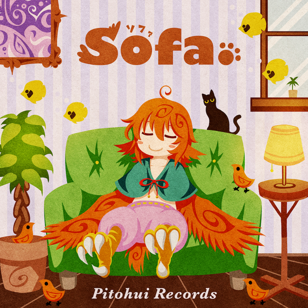 1girl ahoge akamiya_fumiya animal animal_ears bangs bird bird_ears bird_legs black_cat blush_stickers capelet cat closed_eyes commentary_request couch english_text feathered_wings fish green_capelet hair_between_eyes harpy indoors lamp medium_hair messy_hair monster_girl on_couch orange_feathers orange_hair orange_wings original pants paw_print pink_pants plant potted_plant sleeping smile solo table talons window winged_arms wings
