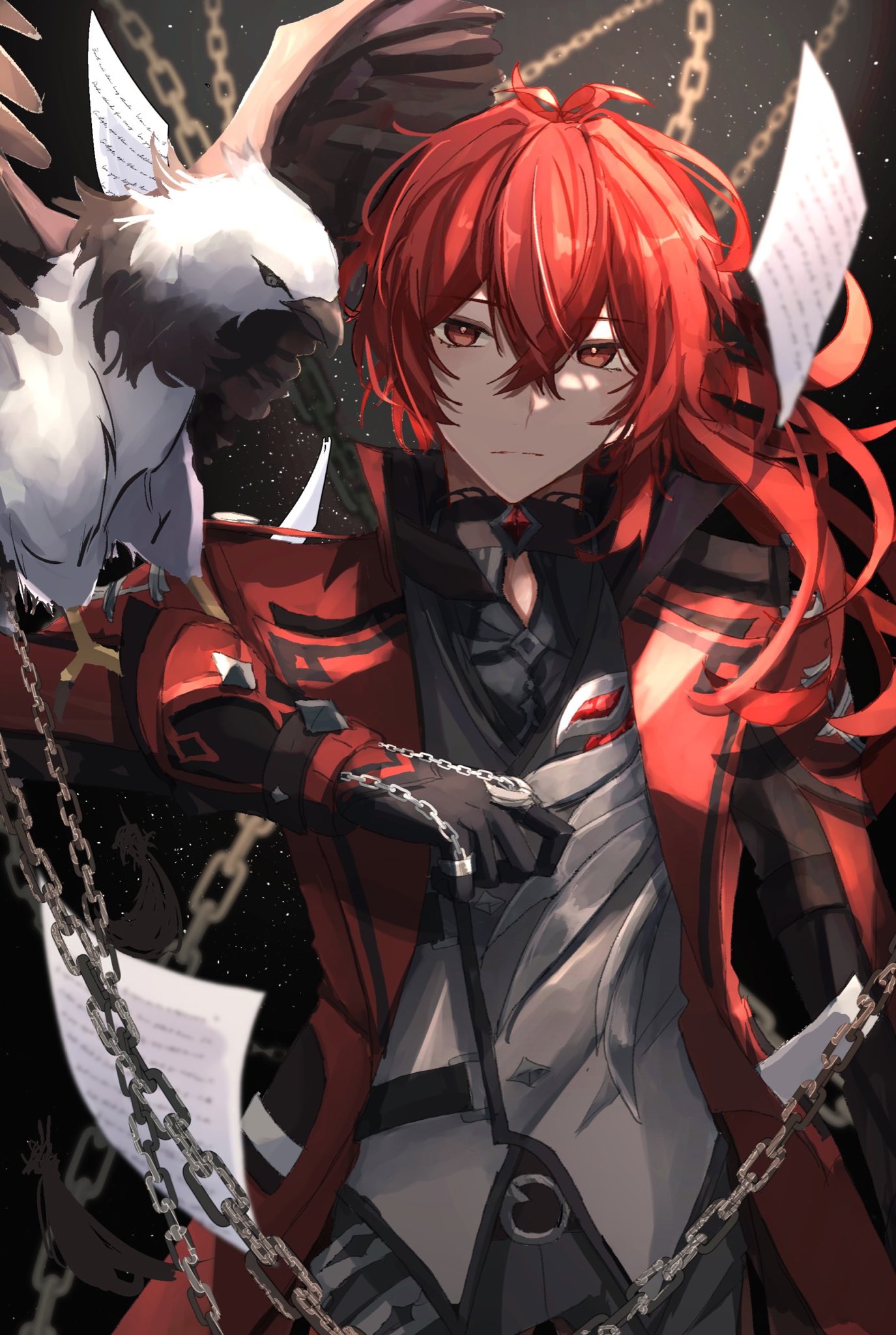 1boy 403pa animal antenna_hair arm_up bangs bird bird_wings black_background black_choker black_gloves black_pants black_shirt brown_fur chain choker closed_mouth collared_jacket collared_shirt crossed_bangs crystal diluc_(genshin_impact) diluc_(red_dead_of_night)_(genshin_impact) genshin_impact gloves gradient grey_background grey_eyes grey_vest hair_between_eyes hand_up highres jacket jewelry light long_hair long_sleeves looking_at_another open_clothes open_jacket pants paper ponytail red_eyes red_jacket redhead shirt sitting sitting_on_person standing vest vision_(genshin_impact) white_fur wings