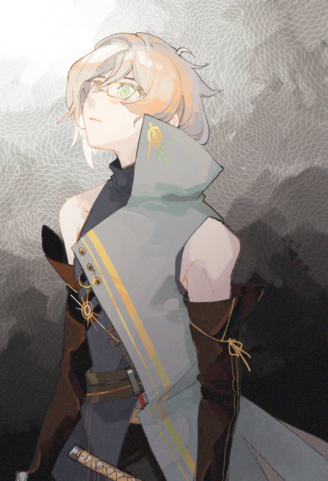 1boy asymmetrical_clothes asymmetrical_coat bangs bare_shoulders black_pants black_shirt blonde_hair brown_gloves coat collared_coat commentary elbow_gloves fate/grand_order fate_(series) glasses gloves gradient gradient_background green_eyes grey_background grey_coat hair_between_eyes highres ishida_mitsunari_(fate) katana kitada looking_up male_focus pants parted_lips scales shirt short_hair sleeveless sleeveless_coat sleeveless_turtleneck solo sword turtleneck upper_body weapon wide-eyed