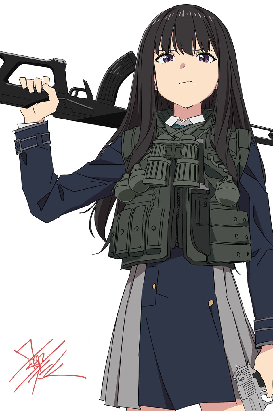 1girl belt binoculars black_hair blue_belt blue_dress collared_shirt commando_(movie) dress explosive grenade grey_dress gun handgun highres holding holding_gun holding_weapon inoue_takina long_hair lycoris_recoil lycoris_uniform pleated_dress rifle shirt signature taku1122 two-tone_dress violet_eyes weapon white_background white_shirt