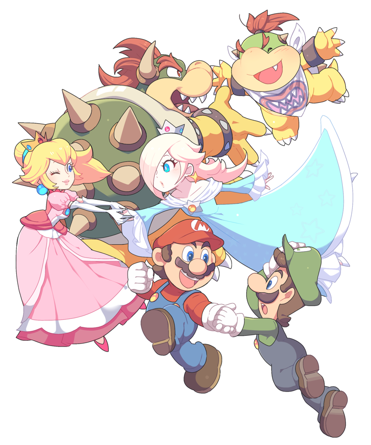 2girls 4boys :d :o ^_^ aqua_dress arm_up armlet bandana bangs bare_shoulders blonde_hair blue_eyes blue_hair blue_pants blush bowser bowser_jr. bracelet bright_pupils brooch brothers brown_footwear brown_hair buttons claws closed_eyes closed_mouth collarbone crown dress earrings elbow_gloves eyelashes facial_hair fang father_and_son floating_hair frilled_sleeves frills full_body gloves green_headwear green_shirt hair_over_one_eye hat holding_hands hoshikuzu_pan jewelry jumping lips long_hair long_sleeves looking_at_another luigi mario mini_crown multiple_boys multiple_girls mustache off-shoulder_dress off_shoulder one_eye_closed one_eye_covered open_mouth outstretched_arms overalls pants parted_bangs parted_lips pink_dress ponytail princess_peach puffy_short_sleeves puffy_sleeves red_headwear red_shirt redhead rosalina sharp_teeth shell shirt shoes short_hair short_sleeves siblings sidelocks simple_background smile spiked_armlet spiked_bracelet spiked_shell spikes star_(symbol) star_earrings super_mario_bros. swept_bangs teeth turtle_shell upper_teeth_only white_background white_bandana white_gloves white_pupils wide_sleeves