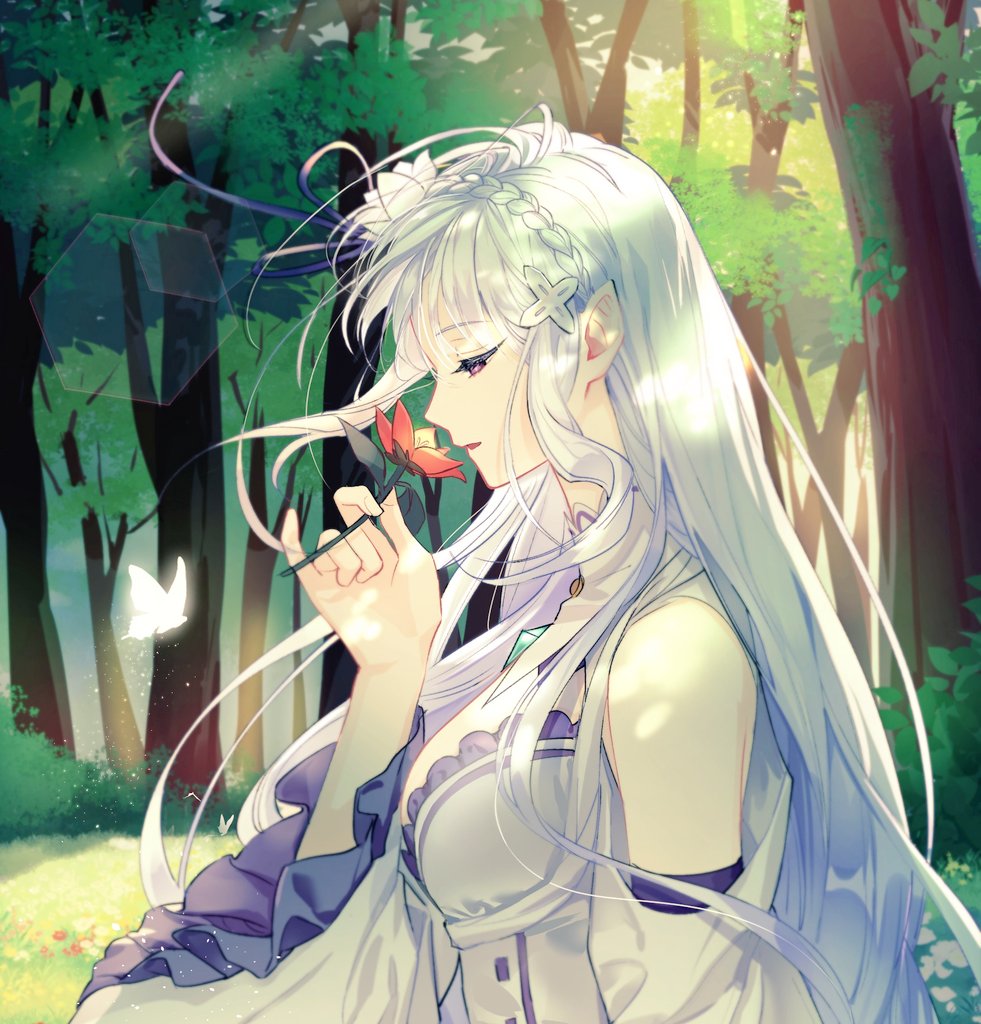 1girl bangs bare_shoulders braid bug butterfly commentary_request detached_sleeves emilia_(re:zero) flower fndlwm_re from_side glowing_butterfly grass hair_flower hair_ornament hair_ribbon holding holding_flower light_particles light_rays long_hair long_sleeves pointy_ears purple_ribbon re:zero_kara_hajimeru_isekai_seikatsu ribbon rose smelling_flower solo sunbeam sunlight tree upper_body violet_eyes white_flower white_hair white_rose x_hair_ornament