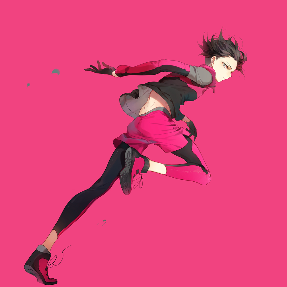 1boy black_gloves black_hair blue_eyes eyokiki gloves levi_(shingeki_no_kyojin) long_sleeves looking_at_viewer male_focus pink_background pink_shorts running shingeki_no_kyojin shoes short_hair shorts simple_background soccer_uniform sportswear