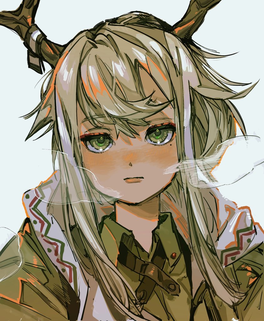 1girl arknights bangs blush breath closed_mouth collared_shirt commentary cross_tie firewatch_(arknights) green_eyes green_shirt grey_hair horns lips looking_at_viewer mmm_ma_pmpm mole mole_under_eye shirt solo swept_bangs symbol-only_commentary upper_body white_background