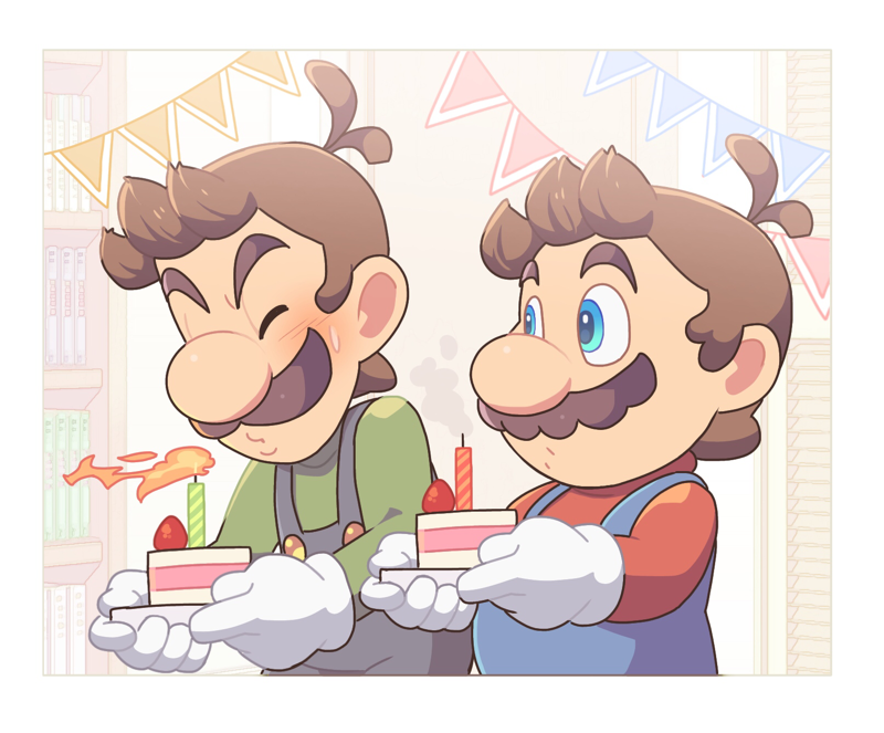 2boys antenna_hair blowing blowing_candle blue_eyes blue_pants blush book bookshelf border brothers brown_hair buttons cake cake_slice candle closed_eyes commentary_request fire flag flame food fruit gloves green_shirt holding holding_plate hoshikuzu_pan indoors long_sleeves looking_at_another luigi male_focus mario multiple_boys no_headwear outside_border overalls pants pennant plate red_shirt shirt short_hair siblings strawberry super_mario_bros. sweatdrop upper_body white_border white_gloves