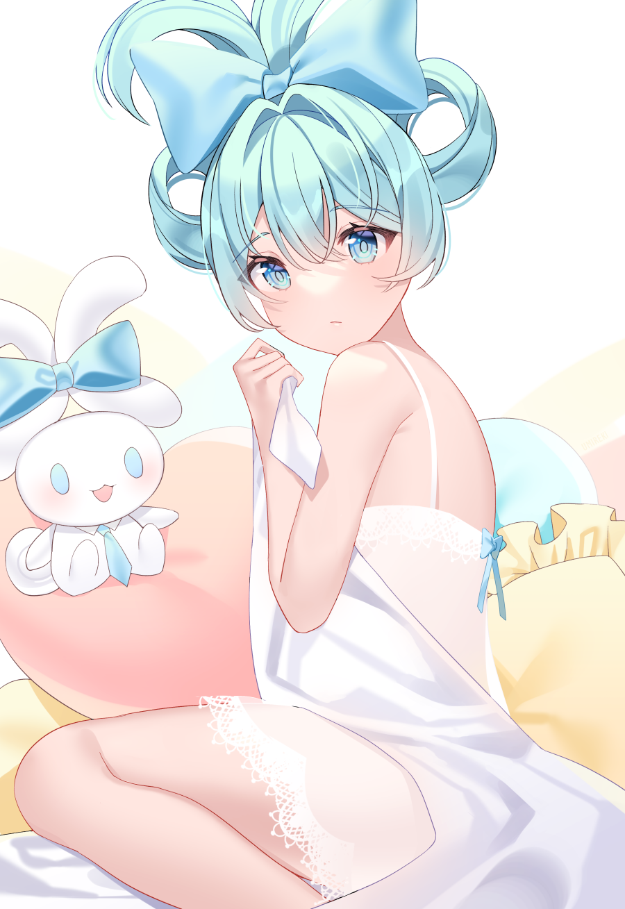 1girl bangs bare_arms blue_bow blue_eyes blue_hair borrowed_hairstyle bow cinnamiku cinnamoroll closed_mouth dress folded_twintails hair_between_eyes hair_bow hatsune_miku highres long_hair looking_at_viewer nightgown pillow shiny shiny_hair short_dress sleepwear sleeveless sleeveless_dress solo tied_ears umireki vocaloid white_dress