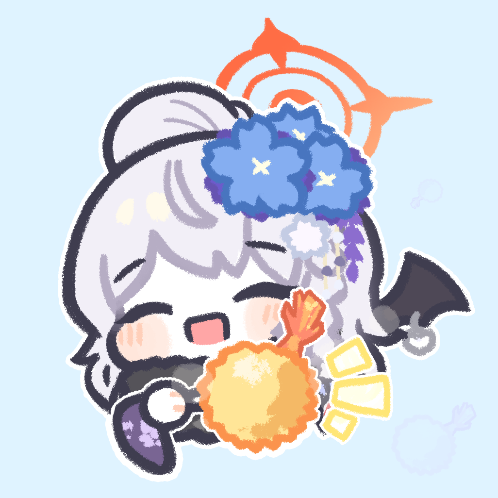 1girl black_wings blue_archive blue_background blush chibi closed_eyes coconutcorn flower food fur_collar grey_hair hair_bun hair_flower hair_ornament haruna_(blue_archive) haruna_(new_year)_(blue_archive) long_hair open_mouth outline shrimp shrimp_tempura single_hair_bun single_wing solo tempura white_outline wings