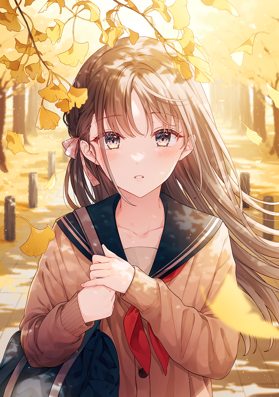 1girl aoi_yuki ascot autumn bag bangs black_sailor_collar blue_bag blush bow brown_hair brown_sweater collarbone day falling_leaves forest grey_eyes hair_bow highres holding holding_bag leaf long_sleeves looking_at_viewer nature open_mouth original outdoors own_hands_together parted_bangs pink_bow red_ascot sailor_collar sidelocks solo standing stone sunlight sweater teeth tree undershirt upper_body