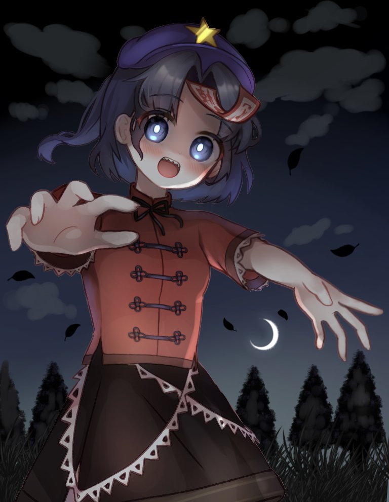 1girl :d bangs black_skirt blue_eyes blush breasts bright_pupils cabbie_hat clouds crescent_moon foreshortening from_below glowing glowing_eyes grass happy hat hat_ornament jiangshi looking_at_viewer miyako_yoshika moon nene_man night night_sky open_mouth outstretched_arms outstretched_hand parted_bangs purple_hair purple_headwear reaching_towards_viewer sharp_teeth short_hair skirt sky small_breasts smile solo star_(symbol) star_hat_ornament teeth touhou tree upper_teeth_only zombie_pose