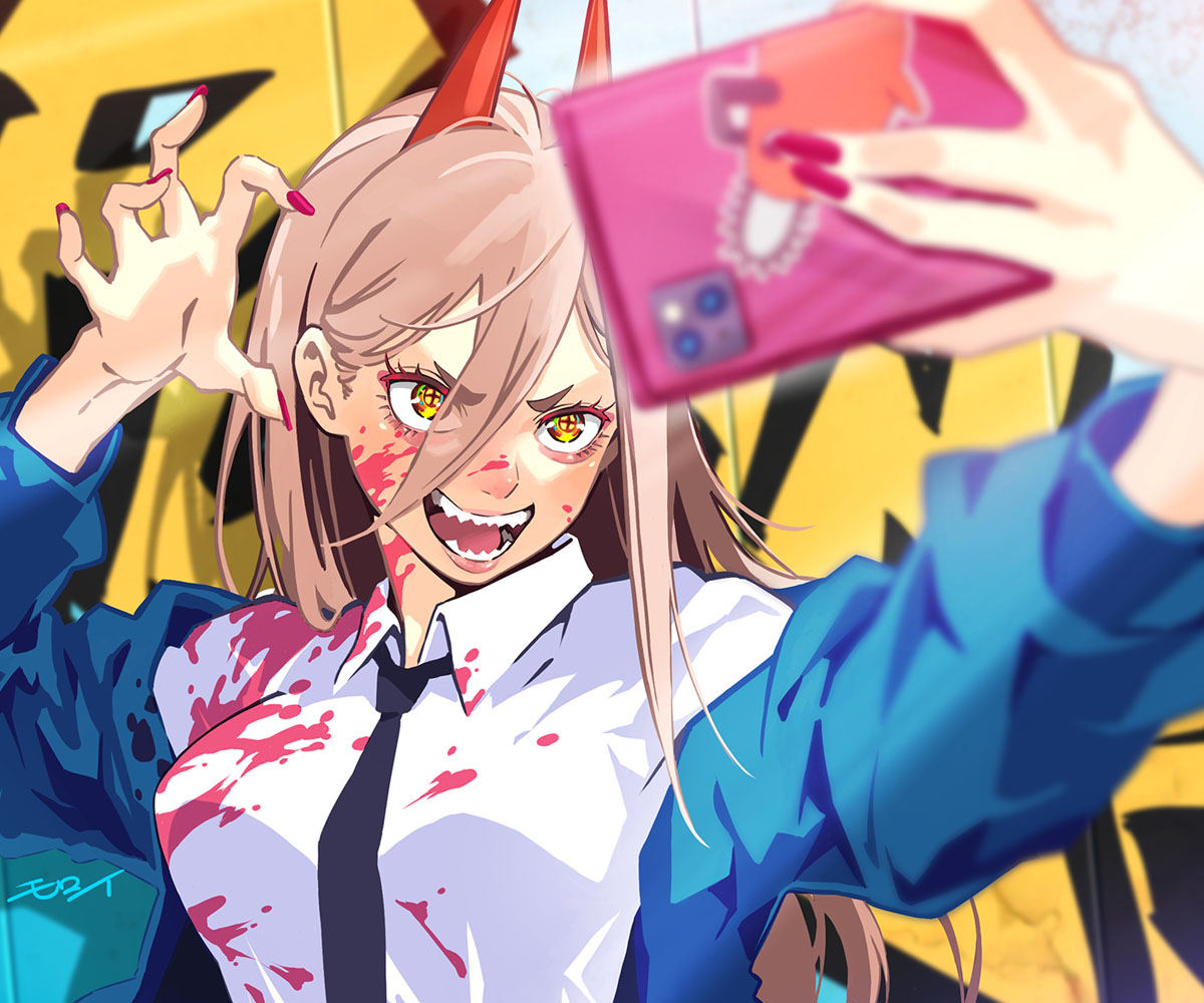 1girl bangs black_necktie blonde_hair blood blood_on_clothes blood_on_face blue_jacket chainsaw chainsaw_man claw_pose collared_shirt cross-shaped_pupils graffiti hair_between_eyes holding holding_phone horns jacket long_hair looking_at_object moroi necktie open_mouth phone pink_nails pochita_(chainsaw_man) power_(chainsaw_man) red_horns selfie sharp_teeth shirt smile solo sticker symbol-shaped_pupils taking_picture teeth white_shirt yellow_eyes