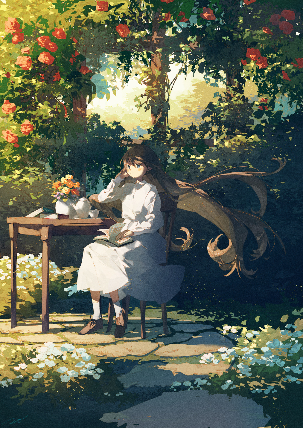 1girl bangs blue_eyes blush book book_on_lap brown_footwear brown_hair closed_mouth commentary_request cup dress flower flower_pot full_body garden hand_on_own_cheek hand_on_own_face highres leaf long_hair long_sleeves looking_afar on_chair open_book original outdoors potg_(piotegu) red_flower red_rose rose sitting socks solo sunlight table teacup teapot tree very_long_hair white_dress white_flower white_socks