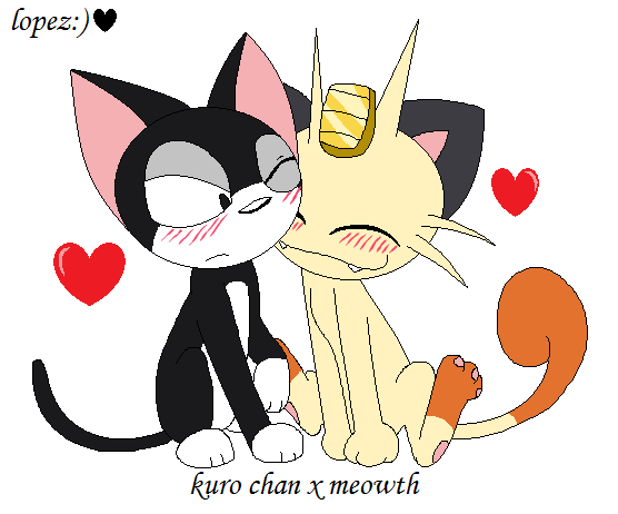 2others animal_focus blush closed_eyes crossover cute cyborg_kuro-chan fang jaggy_line jaggy_lines kiss kissing_cheek kuro_(cyborg_kuro-chan) kurocat looking_at_another meowth no_humans one_eye_closed pokemon pokemon_(creature) simple_background smile white_background