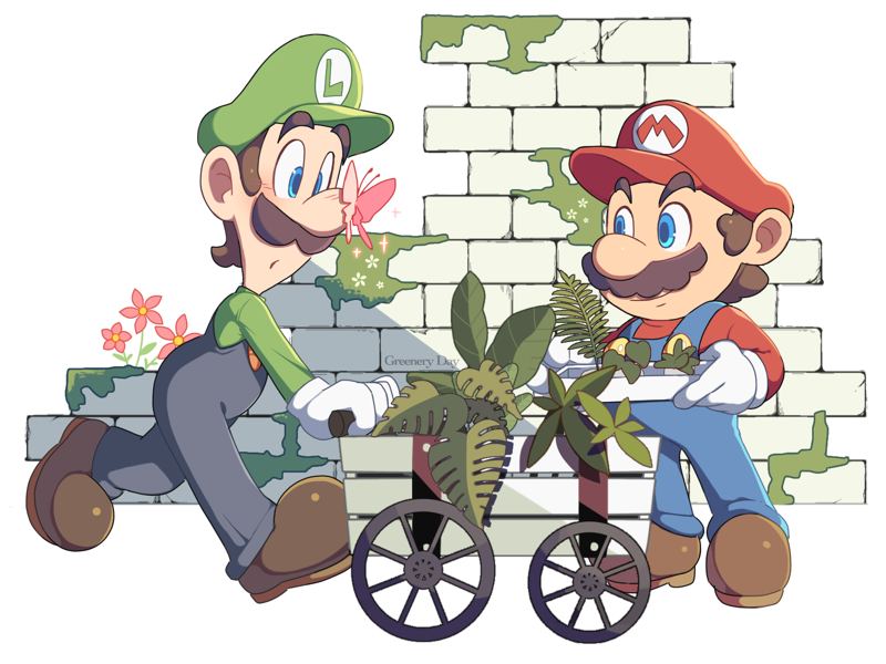 2boys blue_eyes blue_pants blush brothers brown_footwear brown_hair bug butterfly butterfly_on_nose buttons cart closed_mouth facial_hair flower full_body gloves green_headwear green_shirt hat holding holding_tray hoshikuzu_pan leaf long_sleeves looking_at_another luigi male_focus mario moss multiple_boys mustache overalls pants parted_lips pink_butterfly plant raised_eyebrows red_flower red_headwear red_shirt shirt shoes short_hair siblings simple_background smile sparkle standing stone stone_wall super_mario_bros. surprised tray walking wall white_background white_gloves