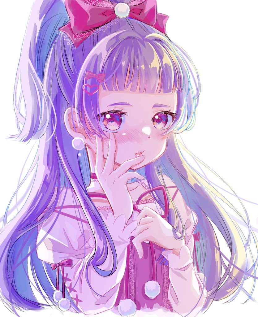 1girl bangs blunt_bangs blush bow choker earrings hair_bow hair_ornament hairclip hand_on_own_cheek hand_on_own_face izayoi_liko jewelry lilylily0601 long_hair long_sleeves mahou_girls_precure! one_side_up parted_lips pink_choker pink_eyes precure purple_hair short_bangs solo white_background