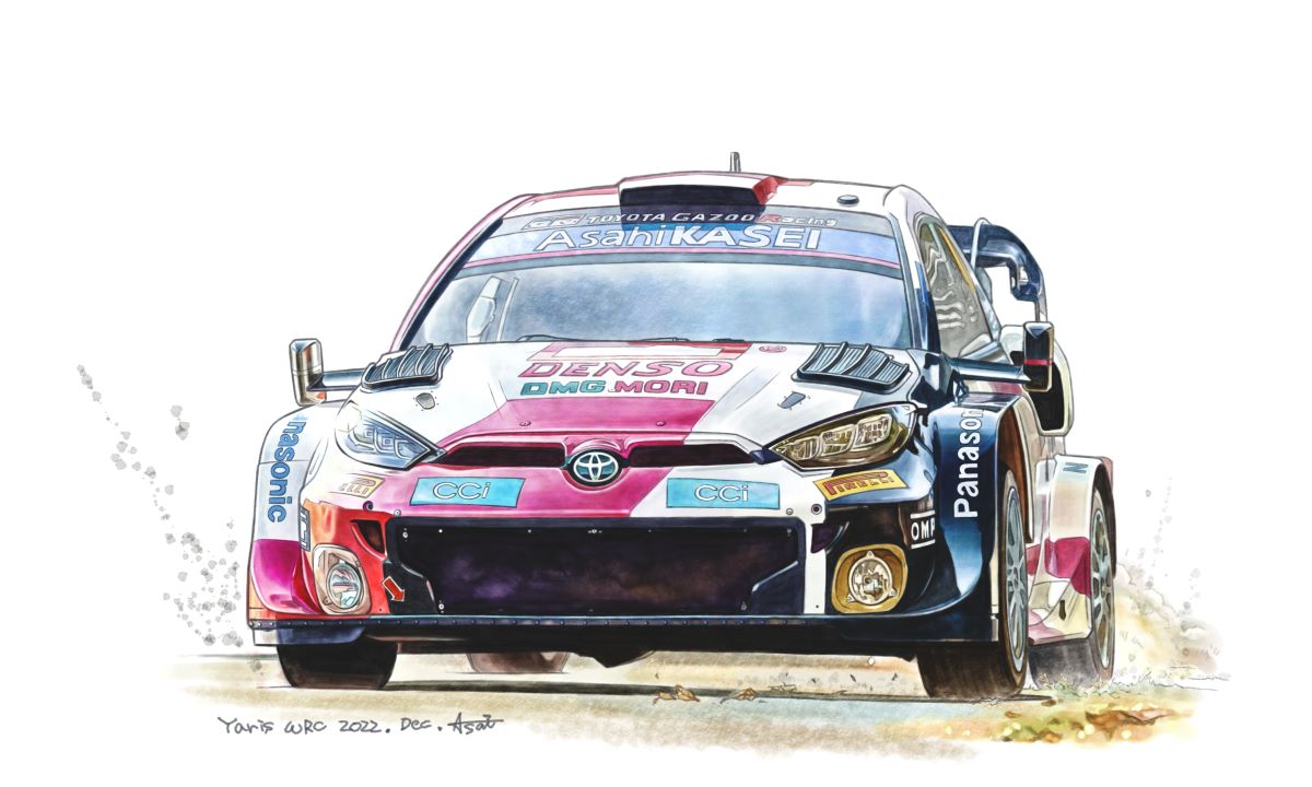 2022 artist_name asai_takashi car dirt english_text ground_vehicle headlight motor_vehicle original painting_(medium) toyota toyota_gr_yaris traditional_media vehicle_focus white_background world_rally_championship