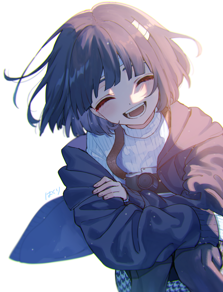 1girl backlighting bandaged_head bandages black_hair black_jacket blunt_ends camera camera_around_neck closed_eyes commentary_request crossed_arms dutch_angle hakuri jacket open_mouth sachi-iro_no_one_room sachi_(sachi-iro_no_one_room) short_hair signature simple_background smile solo sweater teeth upper_body white_background white_sweater