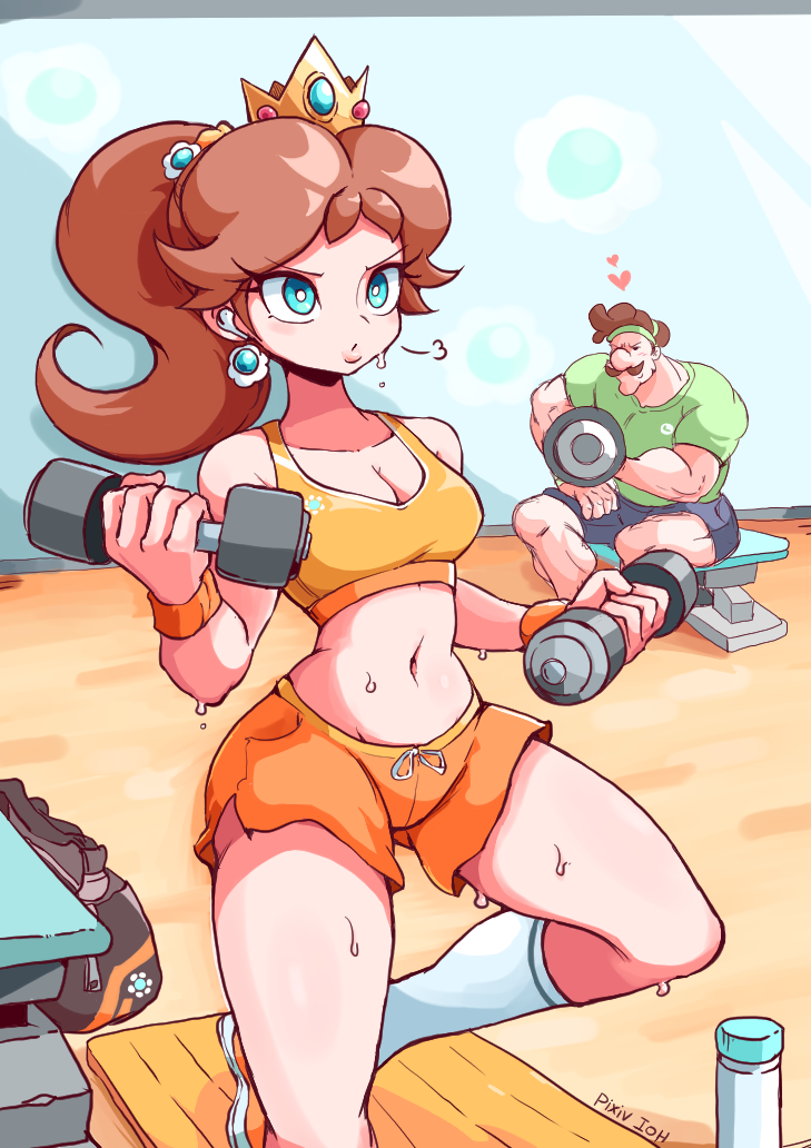 1boy 1girl blue_eyes brown_hair crown dumbbell earphones facial_hair fitting_room green_shirt heart holding ioh looking_at_another looking_away luigi mustache navel ponytail princess_daisy shirt super_mario_bros. sweat