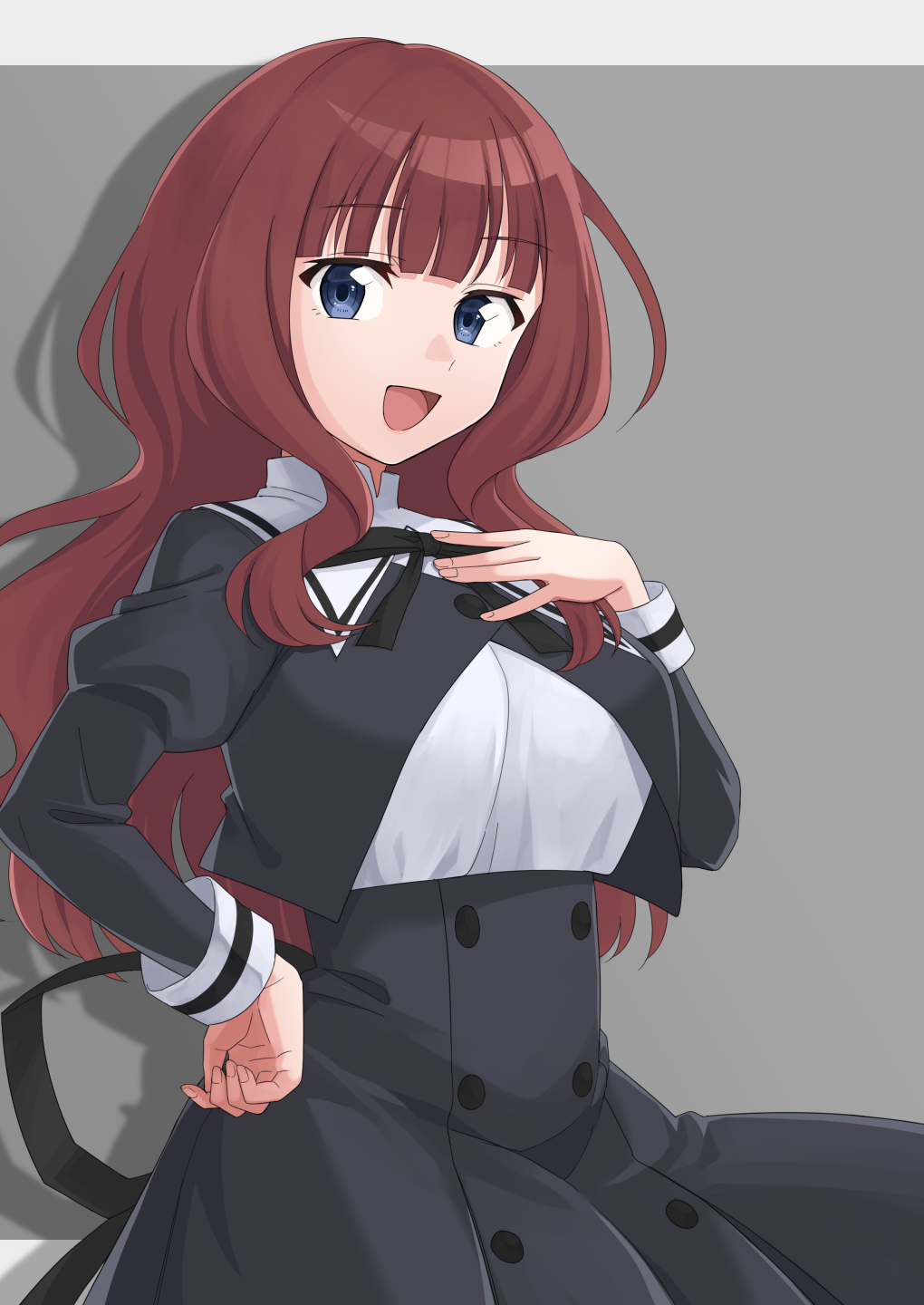 1girl :d assault_lily bangs black_ribbon black_skirt blue_eyes blunt_bangs breasts brown_hair buttons cowboy_shot cropped_jacket drop_shadow fingernails grey_background hand_on_hip hand_on_own_chest hand_up high-waist_skirt highres juliet_sleeves kaede_johan_nouvel large_breasts letter long_hair long_sleeves looking_at_viewer neck_ribbon open_mouth outside_border puffy_sleeves ribbon rurie_(lourie) school_uniform shirt sidelocks simple_background skirt smile solo standing white_shirt yurigaoka_girls_academy_school_uniform