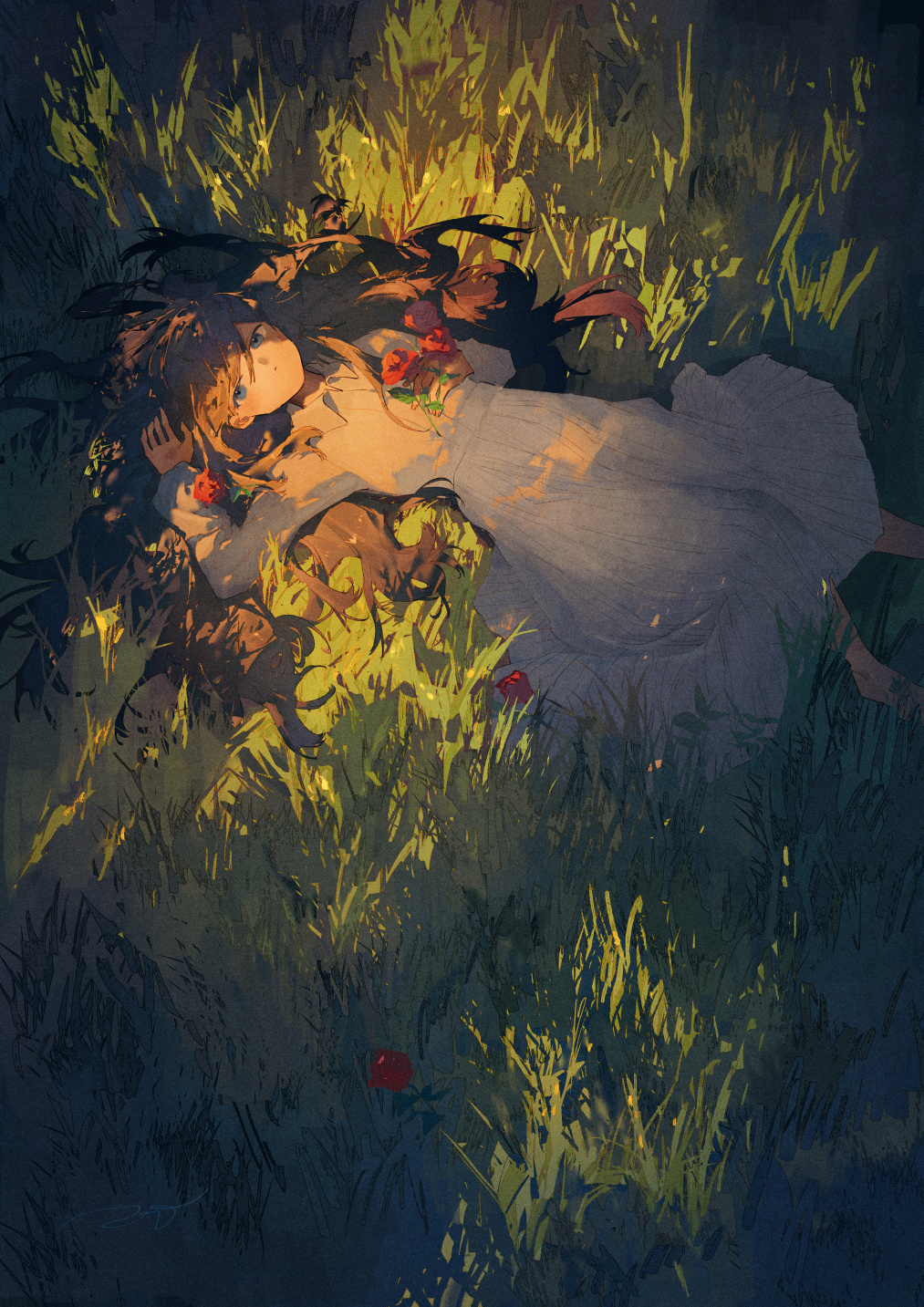 1girl blue_eyes brown_hair closed_mouth commentary_request dress feet_out_of_frame flower grass hand_on_own_chest hand_up highres long_hair looking_at_viewer lying on_back on_grass original potg_(piotegu) red_flower red_rose rose scenery signature solo sunlight white_dress