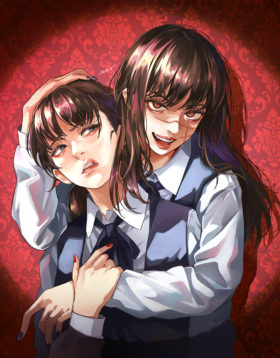 2girls bangs black_hair black_ribbon blue_eyes blue_nails chainsaw_man cross_scar dress fourth_east_high_school_uniform hand_on_another's_head highres hug long_hair looking_at_another looking_at_viewer mitaka_asa moroi multiple_girls open_mouth patterned_background pinafore_dress red_background red_eyes red_nails ribbon ringed_eyes scar scar_on_cheek scar_on_face school_uniform smile spotlight twintails yoru_(chainsaw_man)