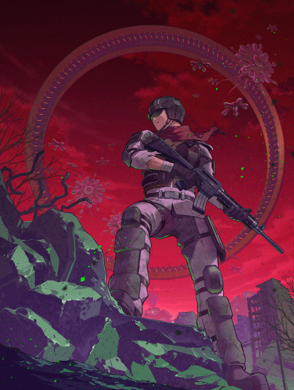 1boy assault_rifle earth_defense_force earth_defense_force_6 gloves goggles gun helmet highres male_focus military military_uniform minato_(getto_m) outdoors ranger_(edf) red_sky rifle ruins scarf sky uniform weapon