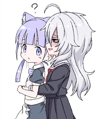 2girls ? ahoge animal_ear_fluff animal_ears apron bangs blunt_bangs borrowed_character detached_sleeves eha7y flat_chest hair_between_eyes long_hair low_twintails lowres maid_apron messy_hair multiple_girls oekaki original pasties pleated_skirt purple_hair red_eyes rokuro-chan school_uniform skirt twintails violet_eyes wasabi-chan_(eha7y) white_background white_hair