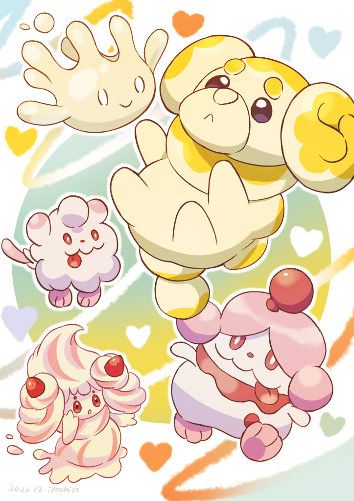 0_0 :&lt; :o alcremie bright_pupils closed_mouth commentary_request fidough food fruit heart milcery no_humans orange_(orangelv20) pokemon pokemon_(creature) red_eyes slurpuff smile strawberry swirlix tongue tongue_out white_pupils