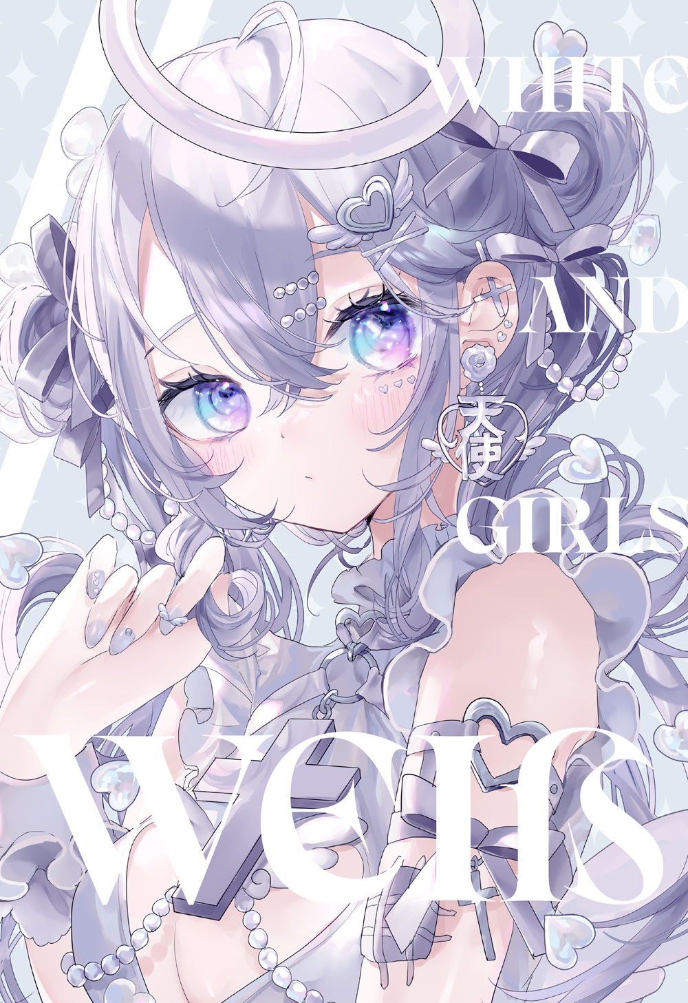 1girl ahoge blue_eyes blush closed_mouth earrings facing_viewer hair_ornament halo heart heart_hair_ornament highres jewelry long_hair looking_to_the_side multicolored_eyes nail_polish original purple_hair remimim solo violet_eyes white_theme