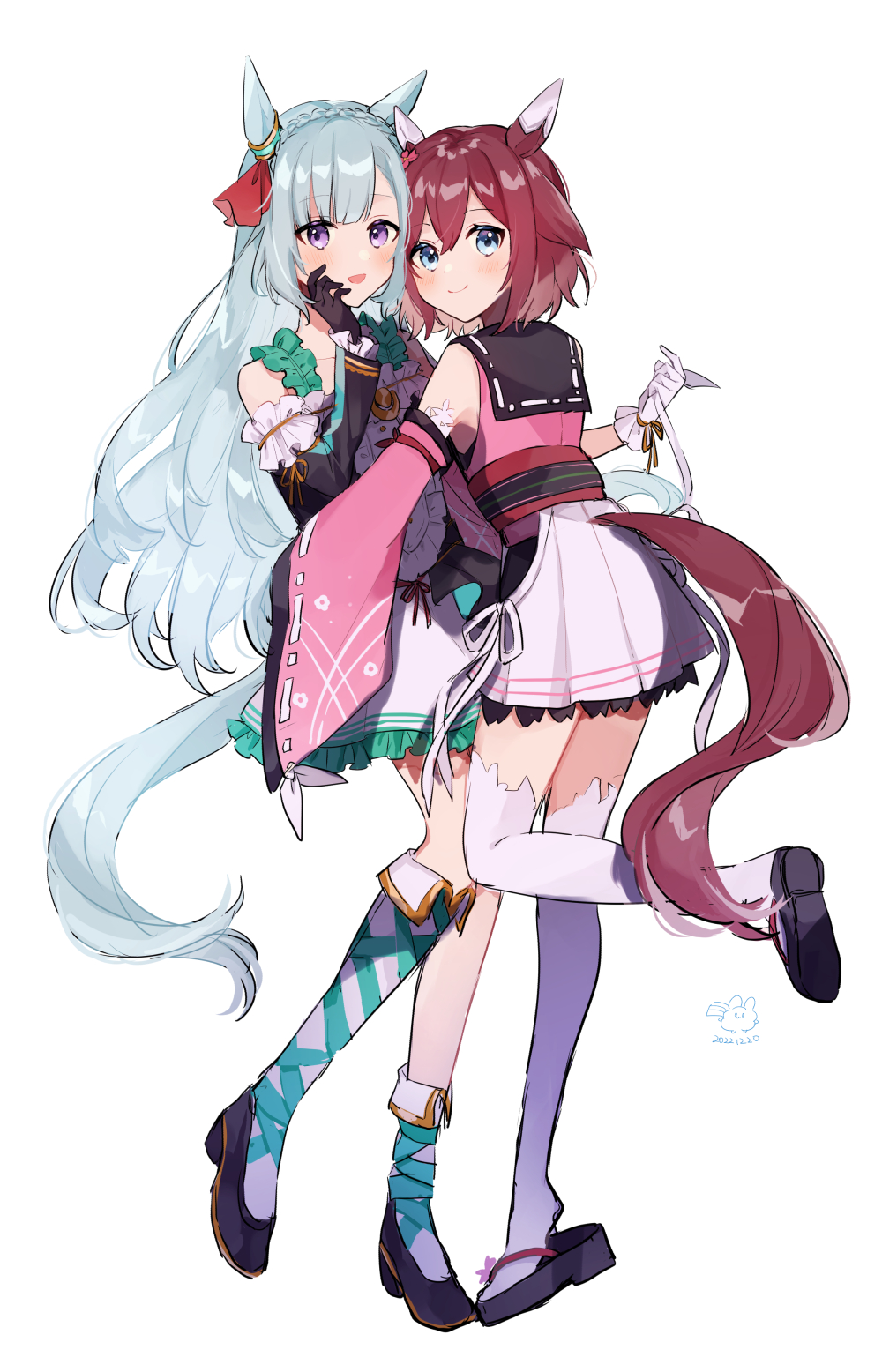 2girls 6crcg :d animal_ears asymmetrical_footwear asymmetrical_gloves black_gloves blue_eyes blue_hair braid brown_hair commentary crown_braid detached_sleeves flipped_hair full_body geta gloves hair_between_eyes highres horse_ears horse_girl horse_tail long_hair looking_at_viewer mejiro_ardan_(umamusume) mismatched_gloves multiple_girls sakura_chiyono_o_(umamusume) short_hair simple_background smile tail thigh-highs umamusume violet_eyes white_background white_gloves white_thighhighs wide_sleeves