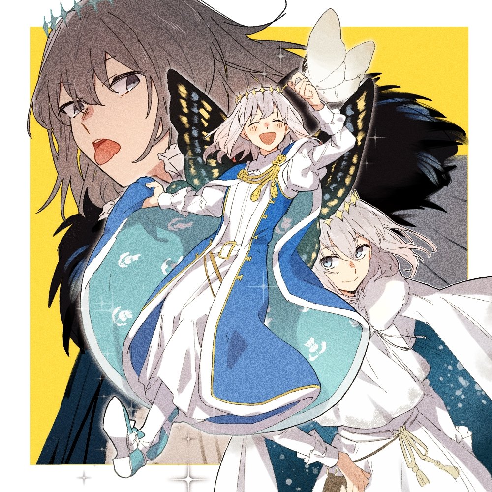 1boy ^_^ black_hair blue_eyes bug butterfly cape closed_eyes crown fairy_wings fate/grand_order fate_(series) fur_trim kabutomushi_s male_focus multiple_persona oberon_(fate) open_mouth robe smile sparkle tongue tongue_out white_hair wings