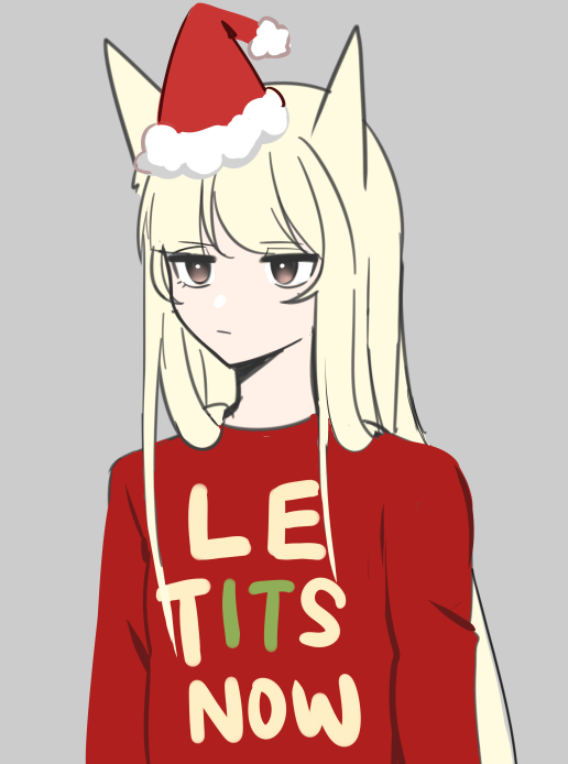 1girl animal_ears arknights bangs blonde_hair brown_eyes closed_mouth clothes_writing fur-trimmed_headwear grey_background hat long_hair looking_away mini_hat platinum_(arknights) red_headwear red_shirt santa_hat saturday_night_live shirt simple_background solo supershrimpcakes upper_body very_long_hair