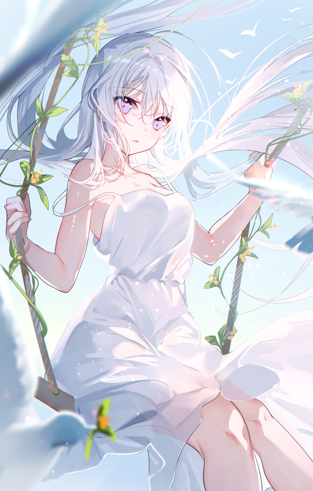 1girl bangs bare_shoulders bird blue_sky blurry blurry_foreground blush clear_sky closed_mouth collarbone commentary_request day dress feet_out_of_frame highres holding leaf light_blush light_frown light_particles long_hair looking_away miwano_rag off_shoulder original outdoors shiny shiny_hair shiny_skin sidelocks sitting sky solo sundress sunlight swing violet_eyes white_dress white_hair