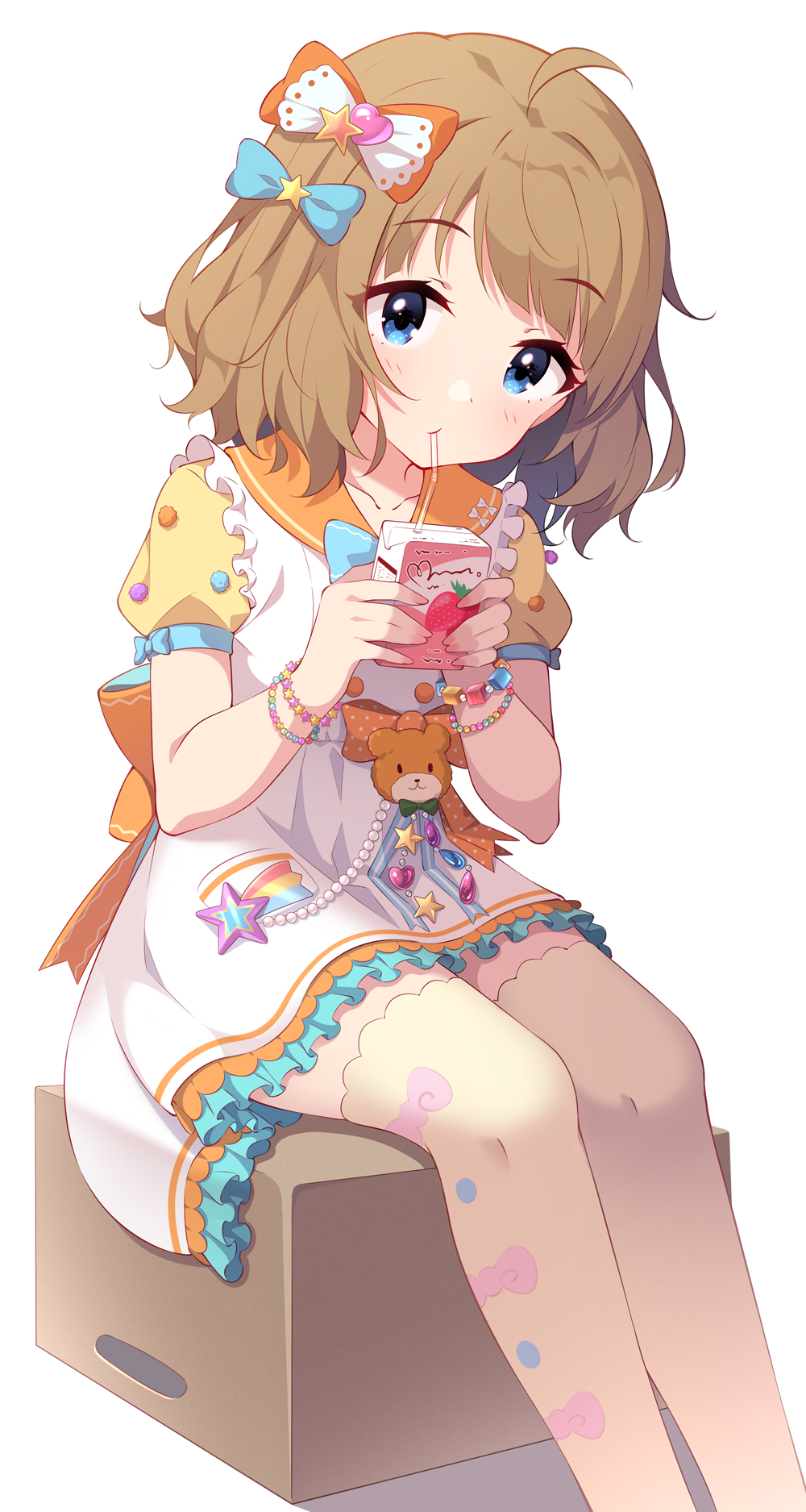 1girl ahoge bangs bendy_straw blue_bow blue_eyes blush bow box bracelet brown_hair brown_thighhighs cardboard_box closed_mouth collarbone commentary_request dress drinking drinking_straw feet_out_of_frame frilled_dress frills hair_bow hair_ornament highres holding idolmaster idolmaster_million_live! jewelry kagami_(galgamesion) looking_at_viewer on_box orange_bow orange_sailor_collar puffy_short_sleeves puffy_sleeves revision sailor_collar sailor_dress short_sleeves sitting solo star_(symbol) star_hair_ornament suou_momoko thigh-highs white_dress