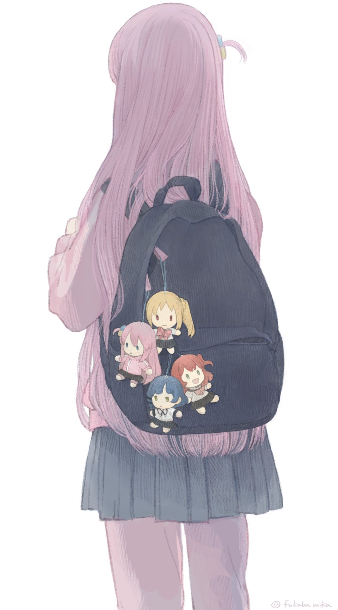 1girl backpack bag black_bag bocchi_the_rock! cube_hair_ornament fukaba_mika gotou_hitori hair_ornament highres jacket keychain long_hair long_sleeves looking_away one_side_up pink_hair pink_jacket pleated_skirt skirt solo track_jacket very_long_hair
