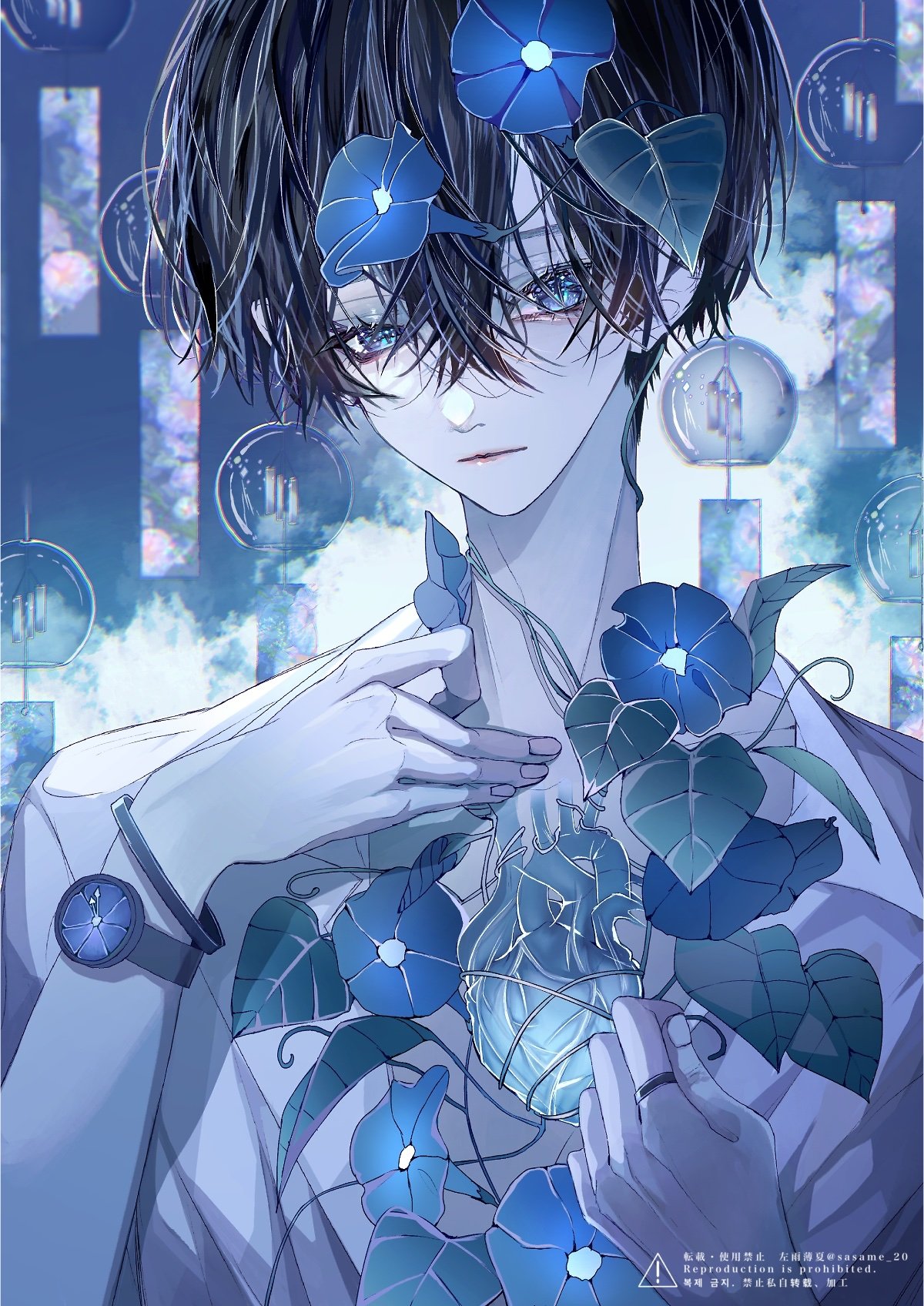 1boy bishounen black_hair blue_eyes flower highres looking_at_viewer male_focus morning_glory original sasame_20 shirt short_hair solo white_shirt wind_chime