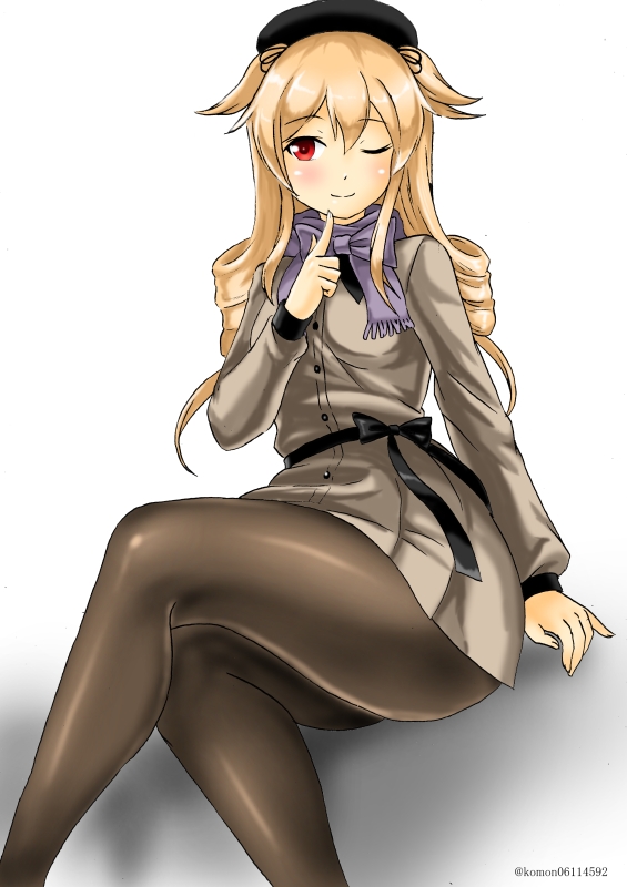1girl black_pantyhose brown_dress commentary_request dress facing_viewer kantai_collection kudou_(ooabareteng) light_brown_hair long_hair murasame_(kancolle) murasame_kai_ni_(kancolle) official_alternate_costume pantyhose purple_scarf red_eyes scarf sideways_glance simple_background sitting solo twintails two_side_up white_background
