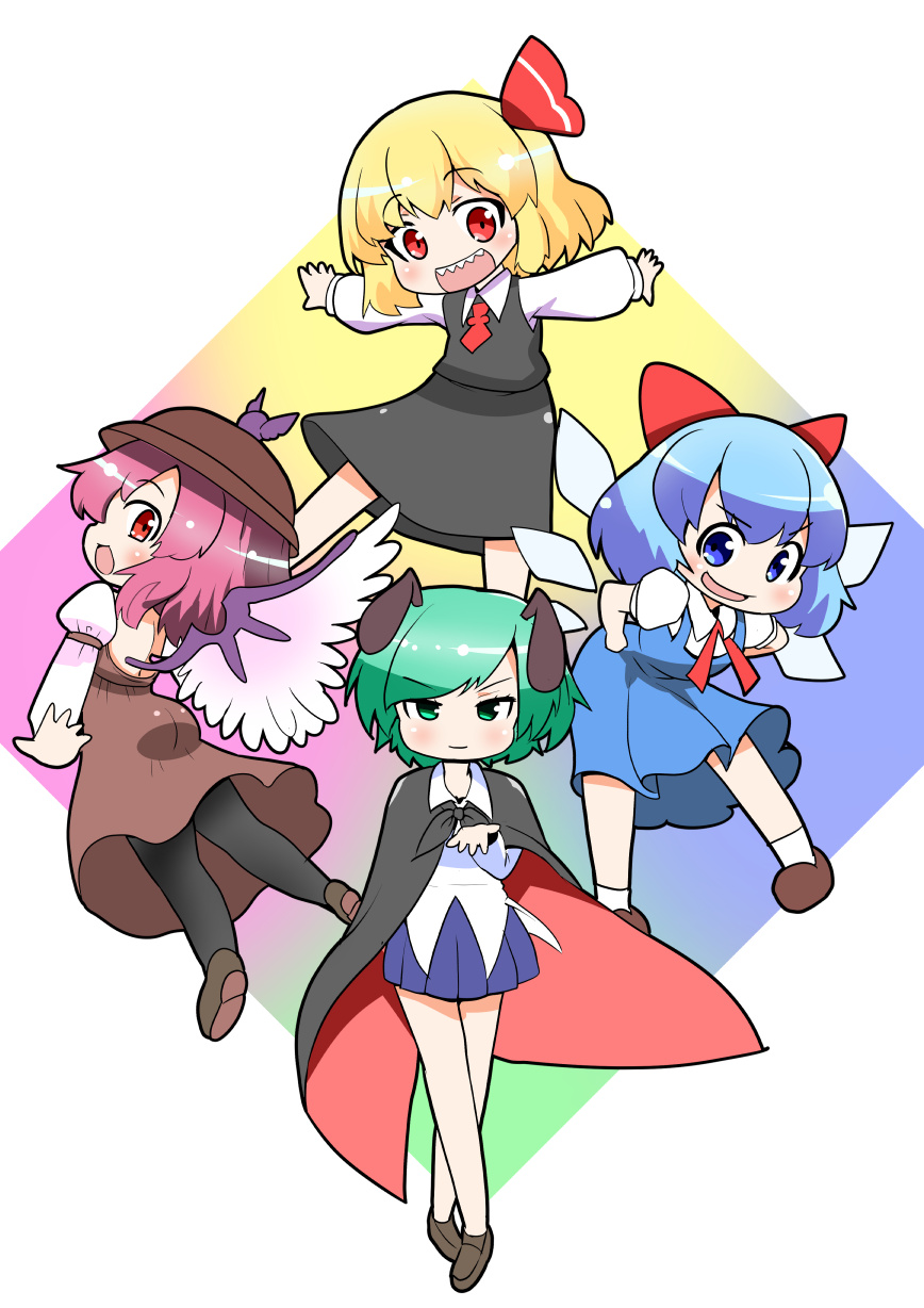 4girls antennae bird_wings black_cape black_pantyhose black_skirt black_vest blonde_hair blue_dress blue_eyes blue_hair blue_skirt bow brown_dress brown_footwear brown_headwear cape cirno closed_mouth collared_shirt dress green_eyes green_hair hair_bow hair_ribbon hat highres kawara_hajime long_sleeves multiple_girls mystia_lorelei one-hour_drawing_challenge open_mouth outstretched_arms pantyhose pink_hair pleated_skirt red_bow red_eyes red_ribbon ribbon rumia sharp_teeth shirt shoes short_hair short_sleeves skirt smile socks spread_arms team_9 teeth touhou vest white_shirt white_socks white_wings winged_hat wings wriggle_nightbug