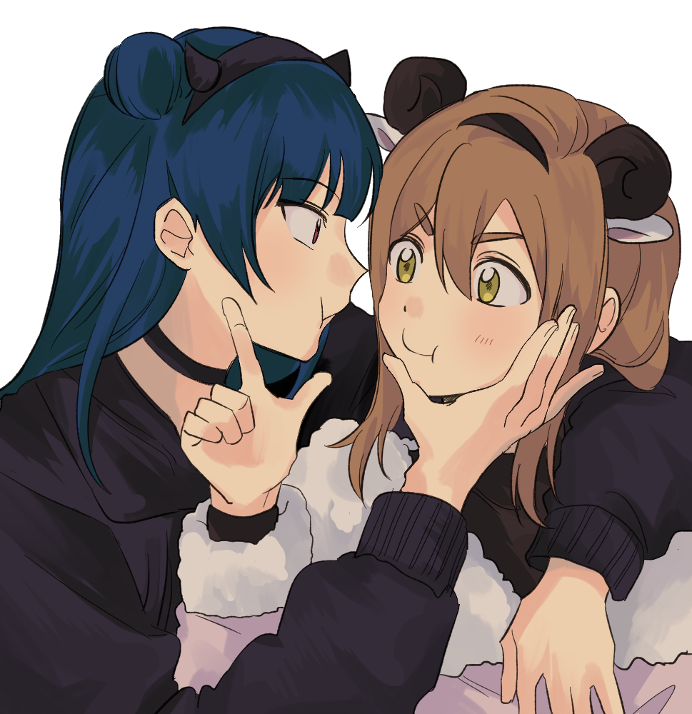 2girls :t animal_ear_headwear bangs black_headband blue_hair brown_hair hair_bun hair_ornament headband holding_head horn_ornament horns kunikida_hanamaru long_hair love_live! love_live!_sunshine!! multiple_girls single_hair_bun somi_(156152) tsushima_yoshiko yellow_eyes yuri