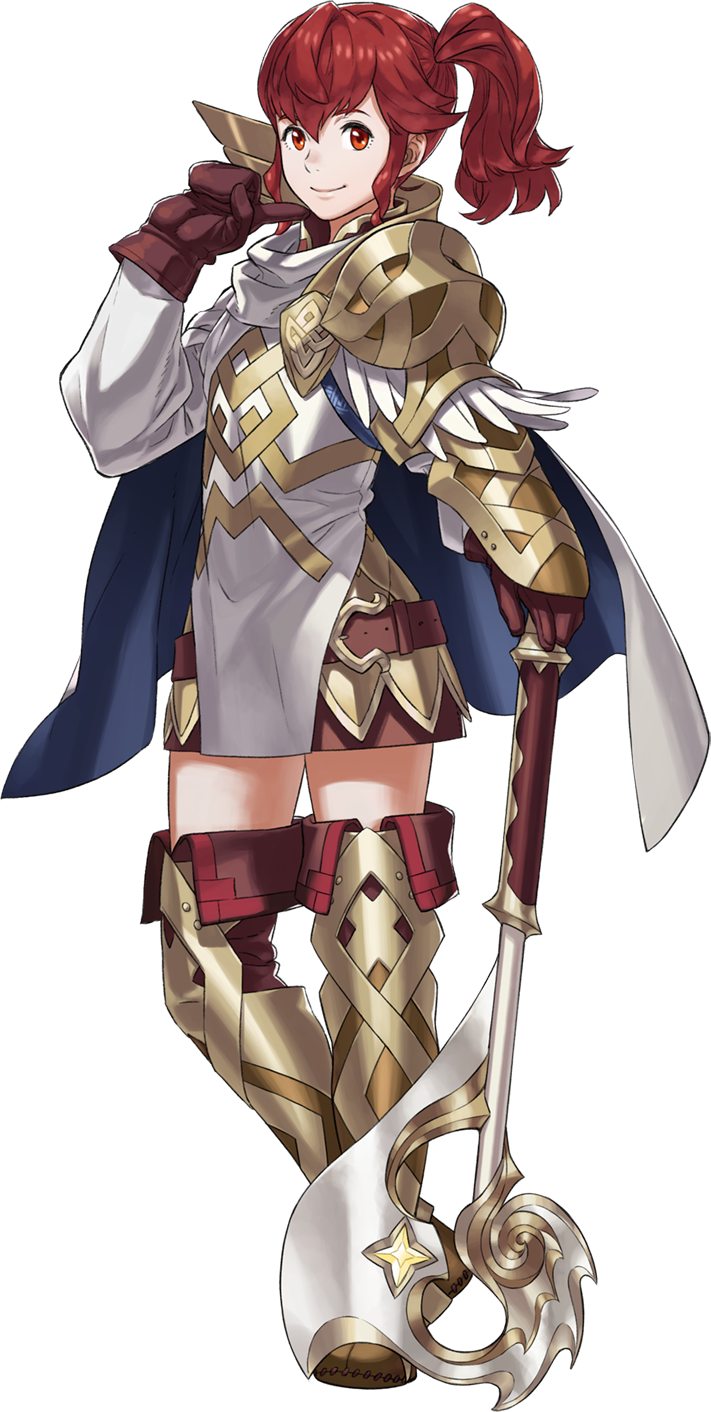 1girl anna_(fire_emblem) armor axe fire_emblem fire_emblem_heroes gloves highres holding holding_axe holding_weapon looking_at_viewer official_art red_eyes redhead side_ponytail tachi-e transparent_background weapon