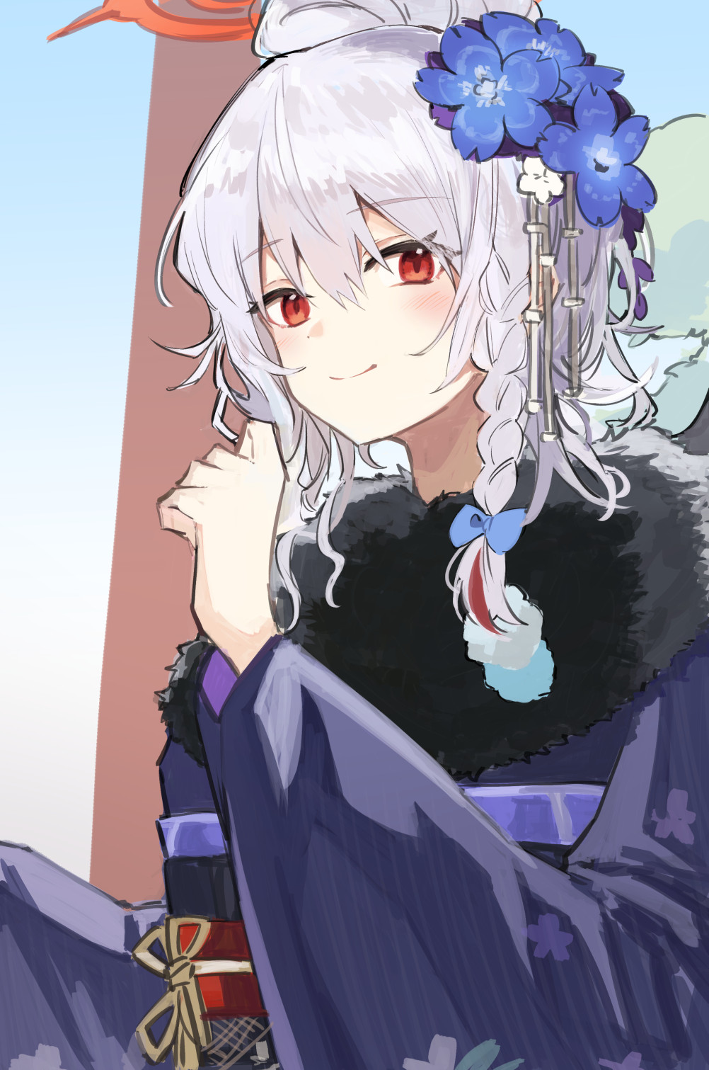 1girl blue_archive blue_bow bow braid closed_mouth exion_(neon) flower fur_collar grey_hair hair_between_eyes hair_bow hair_bun hair_flower hair_ornament halo hand_up haruna_(blue_archive) haruna_(new_year)_(blue_archive) highres japanese_clothes kimono long_sleeves looking_at_viewer obi purple_kimono red_eyes sash single_hair_bun smile solo wide_sleeves