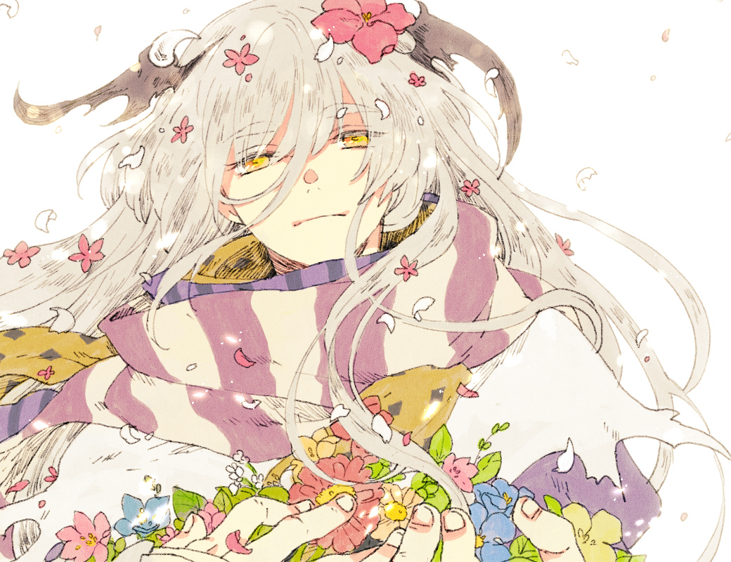 1boy bangs bishounen black_scarf blue_flower brown_wings closed_mouth commentary_request demon_wings expressionless falling_petals flower grey_hair hair_between_eyes hair_flower hair_ornament head_wings holding holding_flower leaf long_hair looking_at_viewer male_focus minstrel_(ragnarok_online) petals pink_flower pink_scarf portrait purple_scarf ragnarok_online scarf simple_background solo striped striped_scarf tokio_(okt0w0) white_background white_scarf wings yellow_eyes