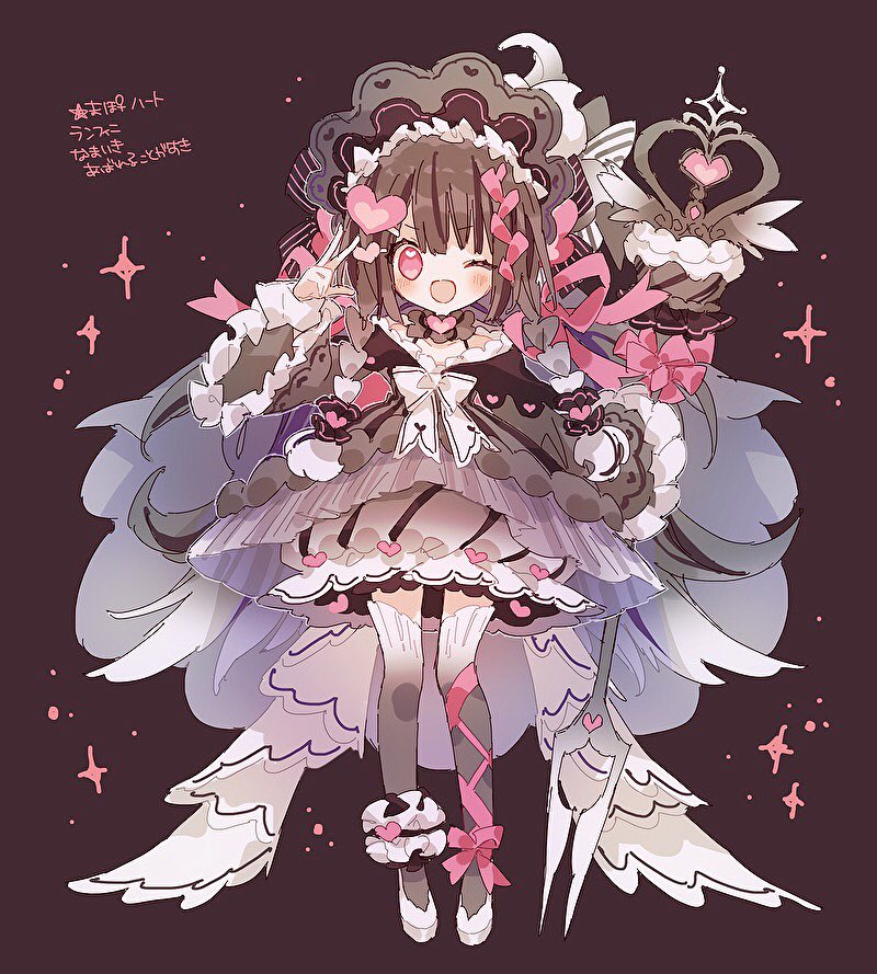 1girl alcremie alcremie_(love_sweet) alternate_color black_dress black_hair blush bow braid commentary dress frilled_dress frilled_sleeves frills gradient gradient_hair gradient_legwear hair_ornament heart heart_hair_ornament heart_in_eye hibi89 holding holding_wand leg_ribbon long_hair long_sleeves looking_at_viewer multicolored_hair personification pink_eyes pink_ribbon pokemon ribbon shiny_pokemon smile solo symbol-only_commentary symbol_in_eye thigh-highs twin_braids very_long_hair w wand white_bow white_hair wide_sleeves