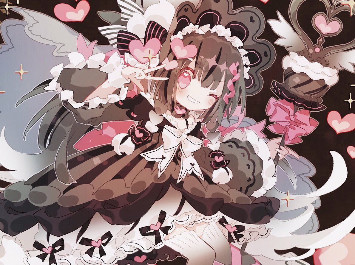 1girl alcremie alcremie_(love_sweet) alternate_color black_dress black_hair blush bow braid dress frilled_dress frilled_sleeves frills gradient gradient_hair gradient_legwear hair_ornament heart heart_hair_ornament heart_in_eye hibi89 holding holding_wand leg_ribbon long_hair long_sleeves looking_at_viewer multicolored_hair personification pink_eyes pink_ribbon pokemon ribbon shiny_pokemon smile solo symbol_in_eye thigh-highs twin_braids very_long_hair w wand white_bow white_hair wide_sleeves
