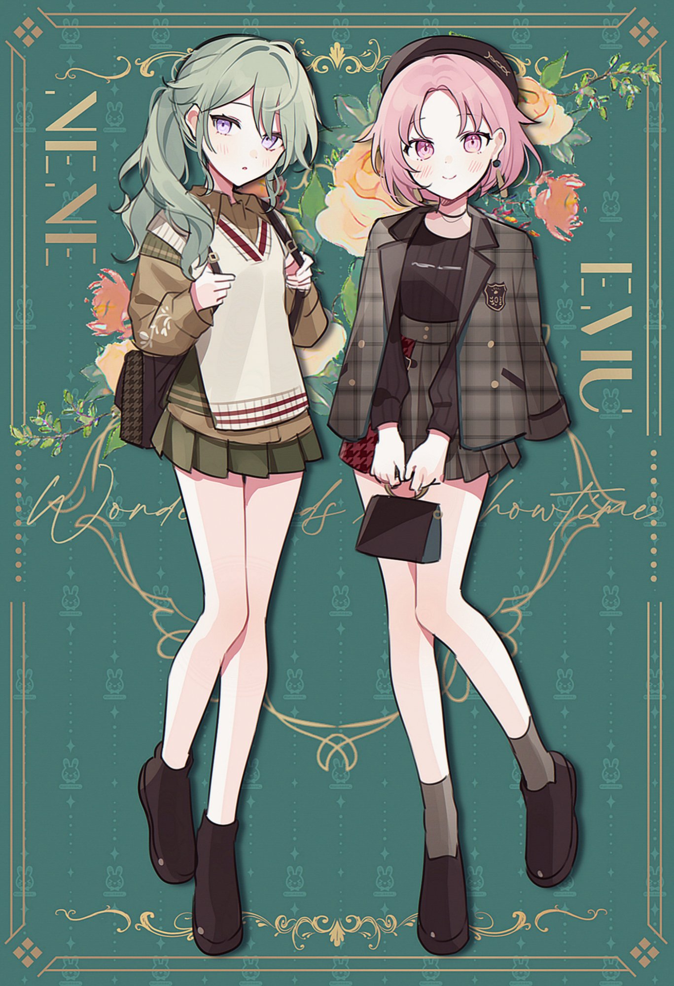 2girls ankle_boots bangs beret boots brown_footwear brown_headwear brown_shirt character_name commentary green_hair green_skirt grey_socks hat high-waist_skirt highres jacket jacket_on_shoulders kusanagi_nene legs long_sleeves miniskirt multiple_girls ootori_emu parted_bangs pink_eyes pink_hair plaid plaid_jacket plaid_skirt project_sekai shirt short_hair side_ponytail skirt socks sweater_vest violet_eyes waka_(wk4444) white_sweater_vest zozotown