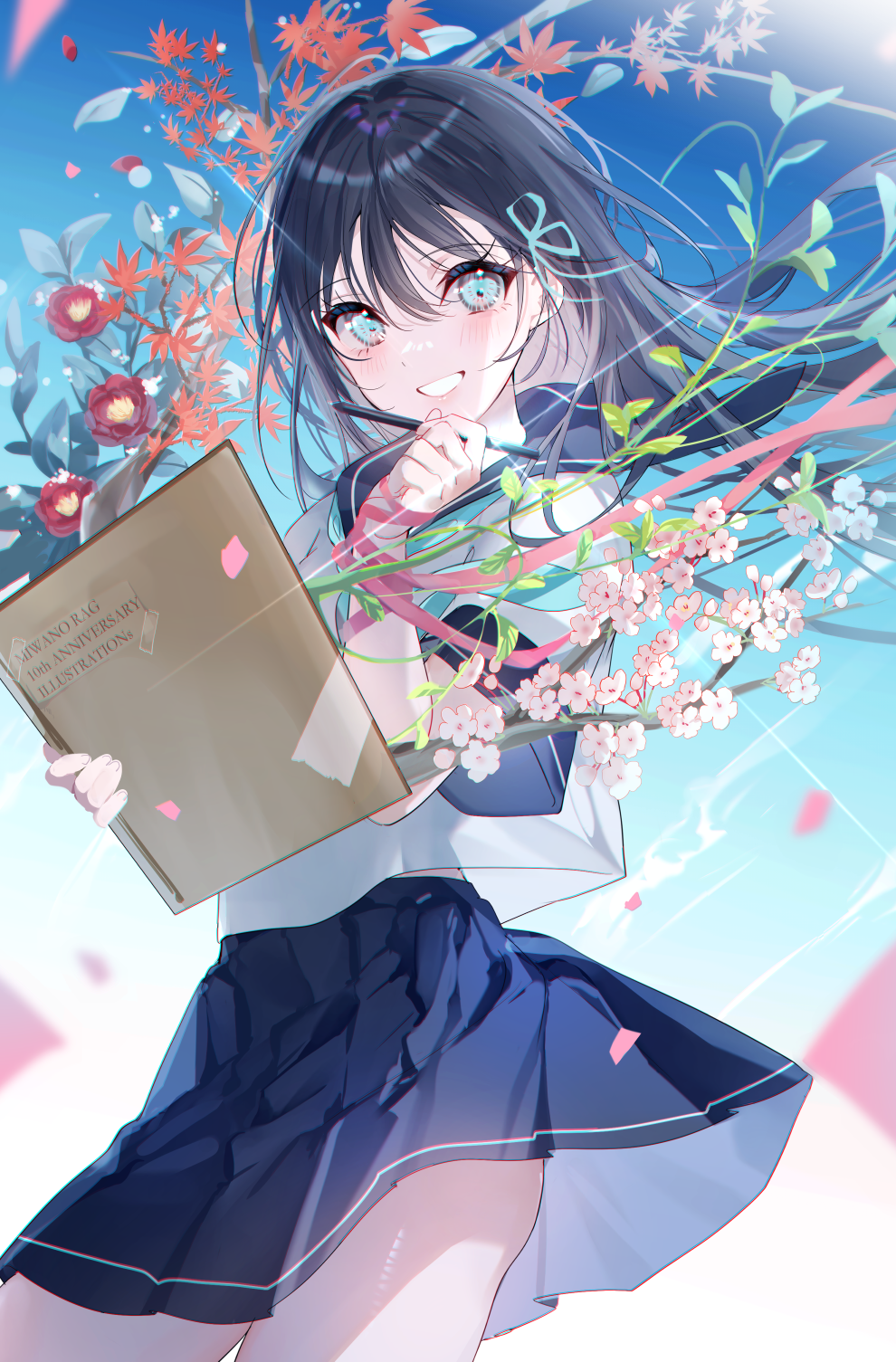 1girl aqua_ascot aqua_eyes aqua_ribbon bangs black_hair blue_sailor_collar blue_skirt blue_sky blush book clear_sky clothes_lift commentary_request cowboy_shot day flower hair_ribbon highres holding holding_book holding_stylus looking_at_viewer miwano_rag open_mouth original outdoors pink_flower plant pleated_skirt red_flower red_rose ribbon rose sailor_collar school_uniform shiny shiny_hair shirt short_sleeves sidelocks skirt skirt_lift sky smile solo standing stylus sunlight white_shirt wind